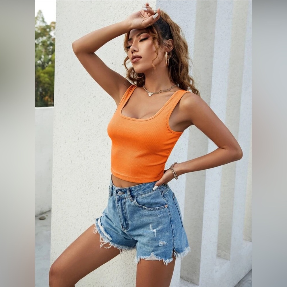 Orange Ribbed Knit Solid Tank Top - Picture 6 of 7